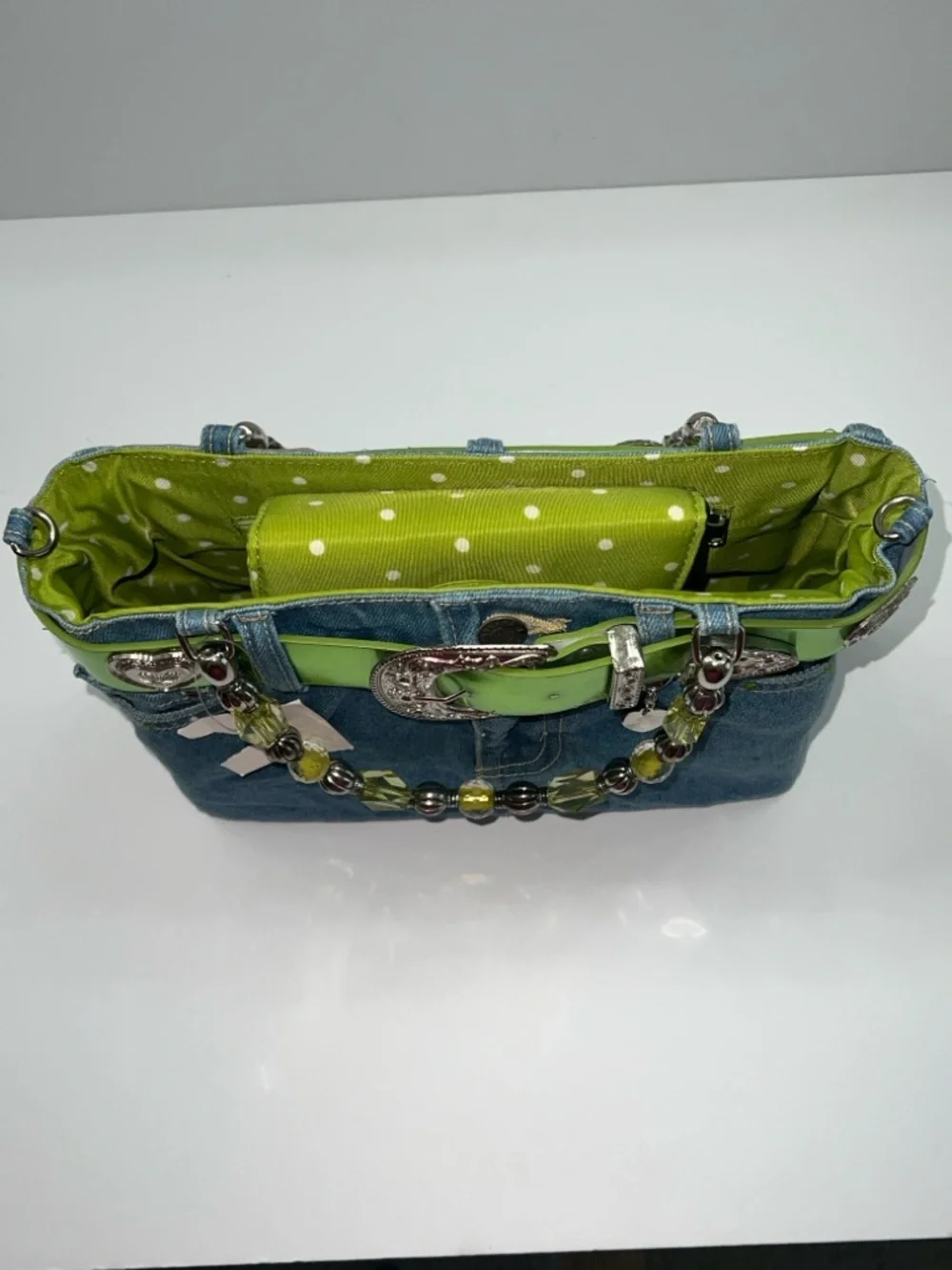 NWT MINGHAOS Denim Bag With Lime Green Belt and Beaded Handles - Picture 11 of 14